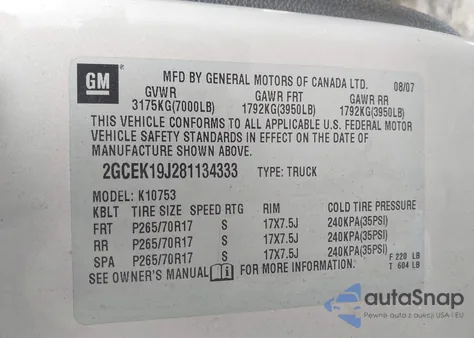 2008 Chevrolet Silverado 1500 Lt1 z USA, uszkodzony, nr VIN 2GCEK19J281134333